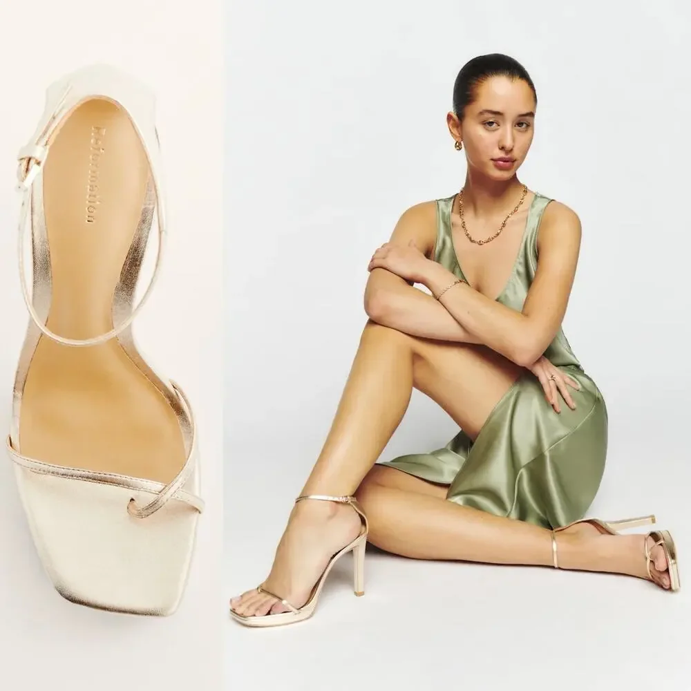 Reformation Gilda Platform Square Toe Heeled Sandal In Metallic Gold Size 8